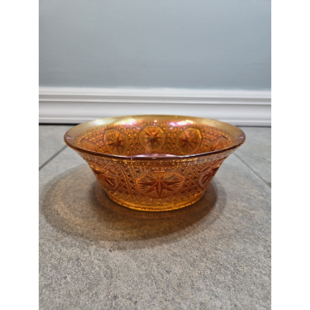 Antique Imperial Carnival Glass Marigold Amelia Star Medallian Cane Button Bowl